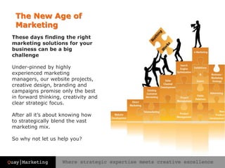 The New Age of
Marketing
These days finding the right
marketing solutions for your
business can be a big
challenge
Under-pinned by highly
experienced marketing
managers, our website projects,
creative design, branding and
campaigns promise only the best
in forward thinking, creativity and
clear strategic focus.
After all it’s about knowing how
to strategically blend the vast
marketing mix.
So why not let us help you?
 