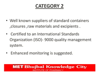 CATEGORY 2
• Well known suppliers of standard containers
,closures ,raw materials and excipients .
• Certified to an International Standards
Organization (ISO)- 9000 quality management
system.
• Enhanced monitoring is suggested.
 