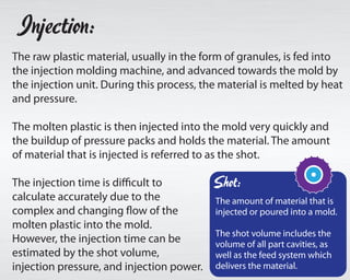 Injection:
The crude plastic material, for the most part as granules, is sustained
into the infusion forming machine, and progressed towards the
shape by the infusion unit. Amid this procedure, the material is
liquefied by warmth what's more, weight.
The liquid plastic is then infused into the shape rapidly and
the development of weight packs and holds the material. The sum
of material that is infused is alluded to as the shot.
The infusion time is hard to figure
precisely due to the unpredictable
and changing stream of the liquid
plastic into the shape. Notwithstanding,
the infusion time can be assessed by
the shot volume, infusion weight, and
infusion control.
Shot:
The amount of material that is
injected or poured into a mold.
The shot volume includes the
volume of all part cavities, as
well as the feed system which
delivers the material.
 