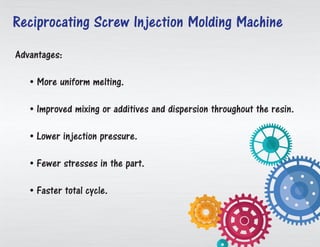 Advantages:
• More uniform melting.
• Improved mixing or additives and dispersion throughout the resin.
• Lower injection pressure.
• Fewer stresses in the part.
• Faster total cycle.
Reciprocating Screw Injection Molding Machine
 