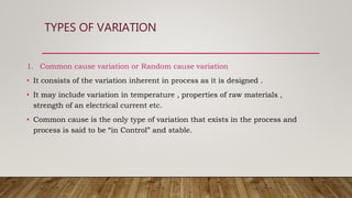 TYPES OF VARIATION
1. Common cause variation or Random cause variation
• It consists of the variation inherent in process as it is designed .
• It may include variation in temperature , properties of raw materials ,
strength of an electrical current etc.
• Common cause is the only type of variation that exists in the process and
process is said to be “in Control” and stable.
 
