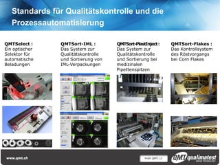 Profil QMT| 12
Standards für Qualitätskontrolle und die
Prozessautomatisierung
QMTSelect :
Ein optischer
Selektor für
automatische
Beladungen
QMTSort-IML :
Das System zur
Qualitätskontrolle
und Sortierung von
IML-Verpackungen
QMTSort-PlastInject:
Das System zur
Qualitätskontrolle
und Sortierung bei
medizinalen
Pipettenspitzen
QMTSort-Flakes :
Das Kontrollsystem
des Röstvorgangs
bei Corn Flakes
 