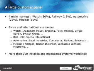 A large customer panel

• 4 main markets : Watch (50%), Railway (15%), Automotive
  (25%), Medical (10%)

• Swiss and international customers
   o Watch : Audemars Piguet, Breitling, Patek Philippe, Ulysse
     Nardin, Swatch Group, …
   o Rail : CFF, Speno International
   o Automotive :Baud Industries, Continental, DuPont, Sonceboz, …
   o Medical : Allergan, Becton Dickinson, Johnson & Johnson,
     Medtronic, …


• More than 300 installed and maintained systems worldwide




                                            Décolletage| 7
 