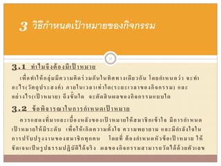 3.1 ทาไมจึงต้องมีเป้ าหมาย
เพื่อทาให้กลุ่มมีความคิดร่ วมกันในทิศทางเดียวกัน โดยกาหนดว่า จะทา
อะไร(วัตถุประสงค์) ภายในเวลาเท่าใด(ระยะเวลาของกิจกรรม) และ
อย่างไร(เป้ าหมาย) ถึงขั้นใด จะตัดสินผลของกิจกรรมแบบใด
3.2 ข้อพิจารณาในการกาหนดเป้ าหมาย
ควรแสดงที่มาและเบื้องหลังของเป้ าหมายให้สมาชิกเข้าใจ มีการกาหนด
เป้ าหมายให้มีระดับ เพื่อให้เกิดความตั้งใจ ความพยายาม และมีกาลังใจใน
การปรับปรุงงานของสมาชิกทุกคน โดยที่ ต้องกาหนดหัวข้อเป้ าหมาย ให้
ชัดเจนเป็ นรูปธรรมปฏิบัติได้จริง ผลของกิจกรรมสามารถวัดได้ด้วยตัวเลข
3 วิธีกาหนดเป้ าหมายของกิจกรรม
21
 
