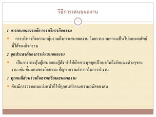 วิธีการเสนอผลงาน
1 การเสนอผลงานคือ การบริหารกิจกรรม
 การบริหารกิจกรรมกลุ่มรวมถึงการเสนอผลงาน โดยรวบรวมความเป็นไปและผลลัพธ์
ที่ได้ของกิจกรรม
2 จุดประสงค์ของการนาเสนอผลงาน
 เป็นการกระตุ้นผู้เสนอและผู้ฟัง ทาให้เกิดการพูดคุยปรึกษากันถึงลักษณะต่างๆของ
งาน เช่น ขั้นตอนของกิจกรรม ปัญหาความลาบากในการทางาน
3 ทุกคนมีส่วนร่วมในการเตรียมเสนอผลงาน
 ต้องมีการวางแผนแบ่งหน้าที่ให้ทุกคนทาตามความถนัดของตน
37
 