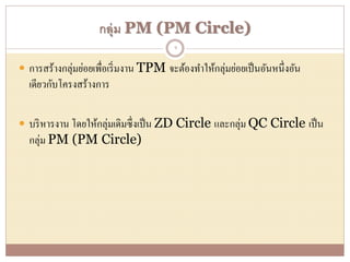 กลุ่ม PM (PM Circle)
 การสร้างกลุ่มย่อยเพื่อเริ่มงาน TPM จะต้องทาให้กลุ่มย่อยเป็นอันหนึ่งอัน
เดียวกับโครงสร้างการ
 บริหารงาน โดยให้กลุ่มเดิมซึ่งเป็น ZD Circle และกลุ่ม QC Circle เป็น
กลุ่ม PM (PM Circle)
9
 