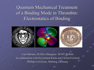Quantum Mechanical Treatment
of a Binding Mode in Thrombin:
    Electrostatics of Binding




      Cain Morano, Dr.Dave Hangauer SUNY Buffalo
In collaboration with Dr.Gerhard Klebe and Christof Gerlach
           Phillips University, Marburg, Germany
 