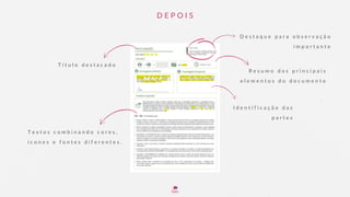 D E P O I S
D e s t a q u e p a r a o b s e r v a ç ã o
i m p o r t a n t e
R e s u m o d o s p r i n c i p a i s
e l e m e n t o s d o d o c u m e n t o
T í t u l o d e s t a c a d o
T e x t o s c o m b i n a n d o c o r e s ,
í c o n e s e f o n t e s d i f e r e n t e s .
I d e n t i f i c a ç ã o d a s
p a r t e s
 