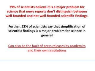 79% of scientists believe it is a major problem for
science that news reports don’t distinguish between
well-founded and not well-founded scientific findings.
Further, 52% of scientists say that simplification of
scientific findings is a major problem for science in
general
Can also be the fault of press releases by academics
and their own institutions
 