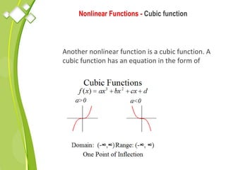 Nonlinear Functions - Cubic function
Another nonlinear function is a cubic function. A
cubic function has an equation in the form of
 