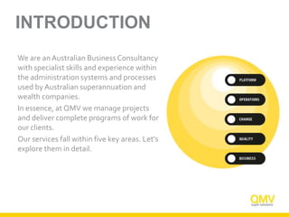 INTRODUCTION
We are anAustralian Business Consultancy
with specialist skills and experience within
the administration systems and processes
used by Australian superannuation and
wealth companies.
In essence, at QMV we manage projects
and deliver complete programs of work for
our clients.
Our services fall within five key areas. Let’s
explore them in detail.
 