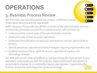 OPERATIONS
3. Business Process Review
We find many operational practices are unclear, undefined, manual,
single-point sensitive and not repeatable.
QMV’s Business Process Review (BPR) is a review of the administration services
and business processes provided by a superannuation administrator to:
• Understand the current state of the administration business
• Assess the scale of their business operations
• Understand the allocation of resources and resource cost per administrative
process
• Identify processes, operational and technologies requiring improvement; and
• Establish readiness for an uplift of services, operational impacts and
technology changes.
Our BPR will uncover areas of inefficiency and opportunity for improvement in your
operations and provide you with the evidence, impact assessment and options to
completely re-engineer or incrementally improve your services. It guarantees the
business acceptance and integration of new technology.
 
