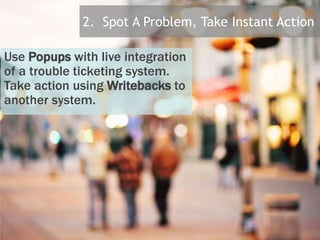 Use Popups with live integration
of a trouble ticketing system.
Take action using Writebacks to
another system.
2. Spot A Problem, Take Instant Action
 