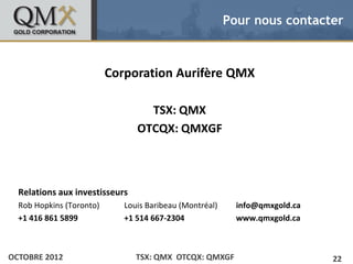 Pour nous contacter


• Click to edit Master text styles
    – Second level                 Corporation Aurifère QMX
           •   Third level
                  –   Fourth level
                          » Fifth level


                                               TSX: QMX
                                             OTCQX: QMXGF



  Relations aux investisseurs
  Rob Hopkins (Toronto)                   Louis Baribeau (Montréal)     info@qmxgold.ca
  +1 416 861 5899                         +1 514 667-2304               www.qmxgold.ca



OCTOBRE 2012                                 TSX: QMX OTCQX: QMXGF                        22
 