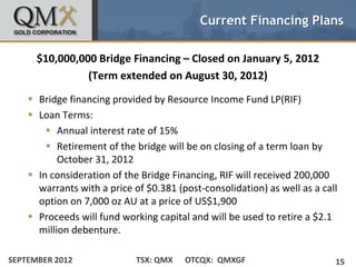 Current Financing Plans

      $10,000,000 Bridge Financing – Closed on January 5, 2012
                (Term extended on August 30, 2012)
     Bridge financing provided by Resource Income Fund LP(RIF)
     Loan Terms:
         Annual interest rate of 15%
         Retirement of the bridge will be on closing of a term loan by
           October 31, 2012
     In consideration of the Bridge Financing, RIF will received 200,000
      warrants with a price of $0.381 (post-consolidation) as well as a call
      option on 7,000 oz AU at a price of US$1,900
     Proceeds will fund working capital and will be used to retire a $2.1
      million debenture.

SEPTEMBER 2012               TSX: QMX   OTCQX: QMXGF                       15
 