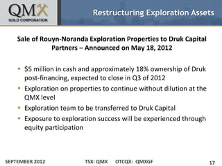 Restructuring Exploration Assets


    Sale of Rouyn-Noranda Exploration Properties to Druk Capital
               Partners – Announced on May 18, 2012

     $5 million in cash and approximately 18% ownership of Druk
      post-financing, expected to close in Q3 of 2012
     Exploration on properties to continue without dilution at the
      QMX level
     Exploration team to be transferred to Druk Capital
     Exposure to exploration success will be experienced through
      equity participation



SEPTEMBER 2012            TSX: QMX   OTCQX: QMXGF                     17
 