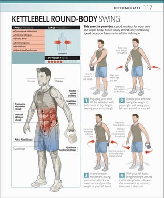 117I N T E R M E D I A T E
TARGET MUSCLES TARGET MOVEMENT
DIFFICULTY LEVEL
 ▪ Transverse abdominis
 ▪ Internal obliques
 ▪ Pelvic ﬂoor
 ▪ Erector spinae
 ▪ Multiﬁdus
 ▪ Quadratus lumborum
Isometric
KETTLEBELL ROUND-BODY SWING
This exercise provides a good workout for your core
and upper body. Move slowly at first, only increasing
speed once you have mastered the technique.
In one smooth
movement, swing
your arms behind your
lower back and pass the
weight to your left hand.
Release your left hand,
swing the weight to
your right, and swing your
left arm around to your left.
Engaging your core,
lift the kettlebell with
both hands to hip height,
keeping your arms straight.
With your left hand,
bring the weight around
to the start position. Repeat
the movement as required,
then switch direction.
Keep your
arms straight
throughout
Grip the
corners of
the handle
Grip the corners of
the handle when
changing hands
Maintain
a smooth,
circular motion
throughout
Control the
movement
with your
core
Align your
knees, hips,
and feet
Keep your
feet planted
on the ﬂoor
Keep your
body aligned
Transverse
abdominis
(deep)
Erector
spinae
(hidden)
Multifidus
(hidden)
Deltoids
Internal
obliques
(deep)
Quadratus
lumborum (deep)
Pelvic floor (deep)
Pectorals
Quadriceps
 