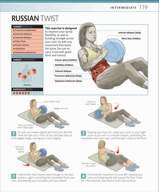 119I N T E R M E D I A T E
Rotation
TARGET MUSCLES
TARGET MOVEMENT
DIFFICULTY LEVEL
 ▪ Transverse abdominis
 ▪ External obliques
 ▪ Internal obliques
 ▪ Pelvic ﬂoor
 ▪ Erector spinae
 ▪ Multiﬁdus
 ▪ Quadratus lumborum
Continue the movement to your left, rotating your
torso and lowering the ball toward the floor. Hold
for a few seconds, then return to the start position.
Keeping your hips still, rotate your torso to your right
as far as you can in a smooth motion, controlling the
movement with your core, until the ball is close to the floor.
Sit with your knees slightly bent and your feet flat.
Hold the ball out in front of you and lean back at
a 45-degree angle, curving your torso slightly.
Look straight ahead
Engage your core
RUSSIAN TWIST
Hold briefly, then reverse back through to the start
position, again controlling the movement from your
core, and keeping your shoulders and hips relaxed.
Keep your elbows
bent at right angles
Maintain a stable
hip position
This exercise is designed
to improve your spinal
flexibility, as well as
building strength across
your core. As with any
movement that twists
the spine, be sure to
carry it out with good
form and control.
Keep your
neck relaxed
Keep your
shoulders
aligned
Internal obliques (deep)
External obliques
Transverse abdominis (deep)
Pelvic floor (hidden)
Erector spinae (hidden)
Multifidus (hidden)
Quadratus lumborum (deep)
 