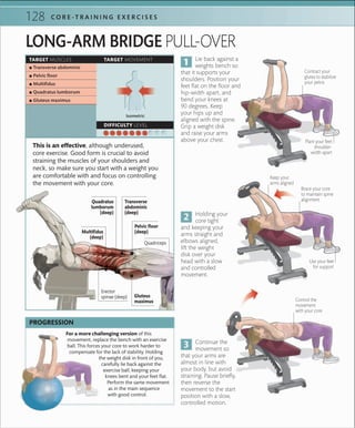 128 C O R E -T R A I N I N G E X E R C I S E S
TARGET MUSCLES TARGET MOVEMENT
DIFFICULTY LEVEL
 ▪ Transverse abdominis
 ▪ Pelvic ﬂoor
 ▪ Multiﬁdus
 ▪ Quadratus lumborum
 ▪ Gluteus maximus
Isometric
LONG-ARM BRIDGE PULL-OVER
This is an effective, although underused,
core exercise. Good form is crucial to avoid
straining the muscles of your shoulders and
neck, so make sure you start with a weight you
are comfortable with and focus on controlling
the movement with your core.
Continue the
movement so
that your arms are
almost in line with
your body, but avoid
straining. Pause briefly,
then reverse the
movement to the start
position with a slow,
controlled motion.
Holding your
core tight
and keeping your
arms straight and
elbows aligned,
lift the weight
disk over your
head with a slow
and controlled
movement.
Lie back against a
weights bench so
that it supports your
shoulders. Position your
feet flat on the floor and
hip-width apart, and
bend your knees at
90 degrees. Keep
your hips up and
aligned with the spine.
Grip a weight disk
and raise your arms
above your chest.
Use your feet
for support
Contract your
glutes to stabilize
your pelvis
Control the
movement
with your core
Keep your
arms aligned
For a more challenging version of this
movement, replace the bench with an exercise
ball. This forces your core to work harder to
compensate for the lack of stability. Holding
the weight disk in front of you,
carefully lie back against the
exercise ball, keeping your
knees bent and your feet ﬂat.
Perform the same movement
as in the main sequence
with good control.
PROGRESSION
Plant your feet
shoulder-
width apart
Brace your core
to maintain spine
alignmentTransverse
abdominis
(deep)
Quadratus
lumborum
(deep)
Multifidus
(deep)
Gluteus
maximus
Pelvic floor
(deep)
Quadriceps
Erector
spinae (deep)
 