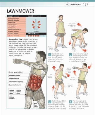 137I N T E R M E D I A T E
An excellent core rotation exercise, the
lawnmower uses a similar movement to
the medicine ball chop (opposite) but
with a greater range and the additional
challenge of holding the weight in one
hand. It can take a while to perfect
your form, so practice in front of
a mirror until you can execute
it with confidence.
Keep your
knees soft
Twist at
your hips
Raise the
dumbbell
to shoulder
height
Keep
your core
engaged
Stand with your
feet slightly more
than shoulder-width
apart, with a dumbbell
in your right hand.
Drop into a half-squat
and, leaning forward
from your waist, lower the
dumbbell across your legs
in front of your left ankle.
Pulling the dumbbell
up and across your
torso, straighten your legs,
rotate the upper body, and
swing your left arm forward.
Pull the weight up to
shoulder level, bringing
your left arm across your body
as you do so. Pause, then return
to the start. Switch arms.
Hold your left
arm straight out
behind you
Plant your
heels on
the ﬂoor
TARGET MUSCLES TARGET MOVEMENT
DIFFICULTY LEVEL
 ▪ External obliques
 ▪ Internal obliques
 ▪ Pelvic ﬂoor
 ▪ Erector spinae
 ▪ Multiﬁdus
 ▪ Quadratus lumborum
 ▪ Gluteus minimus
 ▪ Gluteus medius
 ▪ Gluteus maximus
Complex
LAWNMOWER
Multifidus (hidden)
Pelvic
floor
(deep)
Quadratus lumborum
Erector spinae (hidden)
External obliques
Internal obliques (deep)
Gluteus
medius
(deep)
Gluteus
minimus
(deep)
Gluteus
maximus
 