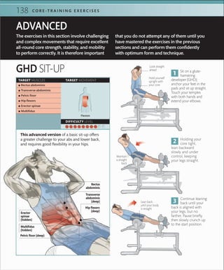 138 C O R E -T R A I N I N G E X E R C I S E S
TARGET MUSCLES TARGET MOVEMENT
DIFFICULTY LEVEL
 ▪ Rectus abdominis
 ▪ Transverse abdominis
 ▪ Pelvic ﬂoor
 ▪ Hip ﬂexors
 ▪ Erector spinae
 ▪ Multiﬁdus
Flexion
The exercises in this section involve challenging
and complex movements that require excellent
all-round core strength, stability, and mobility
to perform correctly. It is therefore important
that you do not attempt any of them until you
have mastered the exercises in the previous
sections and can perform them confidently
with optimum form and technique.
ADVANCED
GHD SIT-UP
This advanced version of a basic sit-up offers
a greater challenge to your abs and lower back,
and requires good flexibility in your hips.
Hold yourself
upright with
your core
Sit on a glute-
hamstring
developer (GHD);
anchor your feet in the
pads and sit up straight.
Touch your temples
with both hands and
extend your elbows.
Maintain
a straight
back
Holding your
core tight,
lean backward
slowly and under
control, keeping
your legs straight.
Continue leaning
back until your
back is aligned with
your legs, but no
farther. Pause briefly,
then slowly crunch up
to the start position.
Lean back
until your body
is straight
Look straight
ahead
Hip flexors
(deep)
Rectus
abdominis
Erector
spinae
(hidden)
Pelvic floor (deep)
Transverse
abdominis
(deep)
Multifidus
(hidden)
 