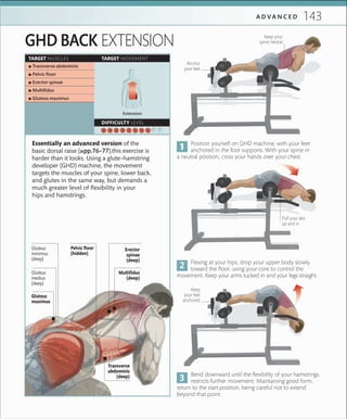 143A D V A N C E D
TARGET MUSCLES TARGET MOVEMENT
DIFFICULTY LEVEL
 ▪ Transverse abdominis
 ▪ Pelvic ﬂoor
 ▪ Erector spinae
 ▪ Multiﬁdus
 ▪ Gluteus maximus
Extension
GHD BACK EXTENSION
Essentially an advanced version of the
basic dorsal raise (»pp.76–77),this exercise is
harder than it looks. Using a glute–hamstring
developer (GHD) machine, the movement
targets the muscles of your spine, lower back,
and glutes in the same way, but demands a
much greater level of flexibility in your
hips and hamstrings.
Pull your abs
up and in
Flexing at your hips, drop your upper body slowly
toward the floor, using your core to control the
movement. Keep your arms tucked in and your legs straight.
Position yourself on GHD machine, with your feet
anchored in the foot supports. With your spine in
a neutral position, cross your hands over your chest.
Bend downward until the flexibility of your hamstrings
restricts further movement. Maintaining good form,
return to the start position, being careful not to extend
beyond that point.
Anchor
your feet
Keep
your feet
anchored
Keep your
spine neutral
Multifidus
(deep)
Pelvic floor
(hidden)
Erector
spinae
(deep)
Gluteus
maximus
Transverse
abdominis
(deep)
Gluteus
medius
(deep)
Gluteus
minimus
(deep)
 