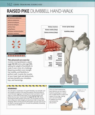 162 C O R E -T R A I N I N G E X E R C I S E S
This advanced core exercise
involves moving between a plank
(»pp.102–03) and a pike (»p.139),
adding the weight of dumbbells to
make it even more of a challenge.
Requiring excellent core strength
hip mobility, and flexibility to
perform well, it works the muscles
of your lower back and abdominals,
and also benefits your shoulders,
hips, and hamstrings.
RAISED PIKE DUMBBELL HAND-WALK
Once you have mastered the
basic exercise, you can make it
harder by standing on a raised
box or stable bench to reduce the
support of your legs, making
your core work harder
to stabilize your body
and achieve the
pike position.
Engage your core
to aid balance
PROGRESSION 1
You will need a combination of superb ﬂexibility, core strength, and
hip mobility to perform this exercise properly. Good technique is
crucial because sagging or rounding your back can lead to muscle
strain or a more serious back injury, so you should practice and
perfect the two basic movements ﬁrst (»pp.102–03; 139). When
assuming the plank position at the start, use your glutes and your
core to keep your back straight and avoid your hips or lower back
dropping. When moving into the pike position, go only as far as you
are able to maintain good form, to avoid the possibility of bending
in your lower or midback.
WARNING!
Complex
TARGET MUSCLES
TARGET MOVEMENT
DIFFICULTY LEVEL
 ▪ Transverse abdominis
 ▪ Rectus abdominis
 ▪ External obliques
 ▪ Internal obliques
 ▪ Pelvic ﬂoor
 ▪ Hip ﬂexors
 ▪ Gluteus minimus/medius
 ▪ Gluteus maximus
Transverse
abdominis
(deep)
Hip
flexors
(deep)
Pelvic
floor
(deep)
Gluteus minimus (deep)
Gluteus medius (deep)
Gluteus maximus Erector spinae (deep)
Multifidus (deep)
Rectus
abdominis
Internal
obliques
(deep)
 