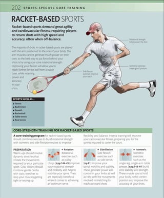 202 S P O R T S - S P E C I F I C C O R E T R A I N I N G
Racket-based sports demand great agility
and cardiovascular fitness, requiring players
to return shots with high speed and
accuracy, often when off-balance.
RACKET-BASED SPORTS
SPORTS SUCH AS...
 ▪ Tennis
 ▪ Badminton
 ▪ Squash
 ▪ Racketball
 ▪ Table tennis
 ▪ Real tennis
The majority of shots in racket-based sports are played
with the arm positioned to the side of your body. The
arm muscles cannot generate much power on their
own, so the best way to put force behind your
shots is by using your core rotational strength.
Improving your flexion will allow you to
reach further for the ball from a stable
base, while retaining
power and
accuracy
in your
shots.
Isometric exercises
create good posture
Rotational strength
helps power the shot
Side ﬂexion
exercises improve
your reach
 ■ Rotation
Rotational
exercises such
as pulley
chops (»pp.144-45) improve
your rotational strength
and mobility, and help to
stabilize your spine. They
are especially beneficial
when it comes to achieving
an optimum serve.
PREPARATION
Warm-ups should involve
dynamic stretches that
imitate the movements
required by your particular
sport. Cool-downs should
combine gentle cardio
with static stretches to
stop your muscles getting
tight or seizing up.
 ■ Side ﬂexion
Side flexion
exercises such
as side bends
(»p.81) improve your
spinal mobility and stability.
These generate power and
control in your limbs as well
as help with the movements
involved in stretching to
reach awkward shots.
 ■ Isometric
Isometric
exercises
such as the
single-leg, single-arm cable
presses (»pp.148-49) build
core stability and strength.
These enable you to hold
your body in the correct
position and improve the
accuracy of your shots.
A core-training program for racket-based sports
should combine exercises to build rotational strength
with isometric and side flexion exercises to improve
flexibility and balance. Interval training will improve
your cardiovascular fitness, preparing you for the
sprints required to cover the court.
CORE-STRENGTH TRAINING FOR RACKET-BASED SPORTS
 
