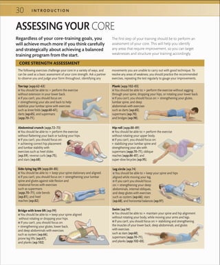 30 I N T R O D U C T I O N
ASSESSING YOUR CORE
Regardless of your core-training goals, you
will achieve much more if you think carefully
and strategically about achieving a balanced
training program from the start.
Toe tap (»pp.62–63)
 ■ You should be able to: ▶ perform the exercise
without extension in your lower back.
 ■ If you can’t, you should focus on:
▶ strengthening your abs and back to help
stabilize your lumbar spine with exercises
such as knee folds (»pp.60–61),
darts (»p.65), and supermans
(»pp.70–71).
Abdominal crunch (»pp.72–73)
 ■ You should be able to: ▶ perform the exercise
without ﬂattening your back or tucking your hips.
 ■ If you can’t, you should focus on:
▶ achieving correct hip placement
and lumbar stability with
exercises such as heel slides
(»p.59), reverse curls (»p.75),
and stars (»p.68).
Plank (»pp.102–03)
 ■ You should be able to: ▶ perform the exercise without sagging
through your spine, dropping your hips, or rotating your lower back.
 ■ If you can’t, you should focus on: ▶ strengthening your glutes,
lumbar spine, and deep
abdominals with exercises
such as darts (»p.65),
supermans (»p.70),
and bridges (»p.98).
Swim (»p.94)
 ■ You should be able to: ▶ maintain your spine and hip alignment
without rotating your body, while moving your arms and legs.
 ■ If you can’t, you should focus on: ▶ stabilizing and strengthening
the muscles of your lower back, deep abdominals, and glutes
with exercises
such as stars (»p.68),
supermans (»pp.70–71),
and planks (»pp.102–03).
Side-lying leg lift (»pp.84–85)
 ■ You should be able to: ▶ keep your spine stationary and aligned.
 ■ If you can’t, you should focus on: ▶ strengthening your lumbar
spine and glutes against side ﬂexion and
rotational forces with exercises
such as supermans
(»pp.70–71), side bends
(»p.81), and heel
reaches (»p.82).
Hip roll (»pp.88–89)
 ■ You should be able to: ▶ perform the exercise
without rotating your upper body.
 ■ If you can’t, you should focus on:
▶ stabilizing your lumbar spine and
strengthening your abs with
supermans (»pp.70–71), oblique
reaches (»pp.86–87), and
super-slow bicycles (»p.95).
Bridge with knee lift (»p.99)
 ■ You should be able to: ▶ keep your spine aligned
without rotating or dropping your hips.
 ■ If you can’t, you should focus on:
▶ strengthening your glutes, lower back,
and deep abdominals with exercises
such as oysters (»p.66),
prone leg lifts (»p.67),
and planks (»p.102).
Leg circle (»p.74)
 ■ You should be able to: ▶ keep your spine and hips
aligned while moving your leg.
 ■ If you can’t you should focus
on: ▶ strengthening your deep
abdominals, internal obliques,
and deep glutes with exercises
such as oysters (»p.66), stars
(»p.68), and horizontal balances (»p.97).
The following exercises challenge your core in a variety of ways, and
can be used as a basic assessment of your core strength. Ask a partner
to observe you and judge your form throughout, identifying any
movements you are unable to carry out with good technique. To
resolve any areas of weakness, you should practice the recommended
exercises, repeating the test regularly to gauge your improvements.
The first step of your training should be to perform an
assessment of your core. This will help you identify
any areas that require improvement, so you can target
weaknesses and structure your training accordingly.
CORE STRENGTH ASSESSMENT
 