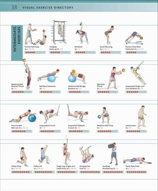 V I S U A L E X E R C I S E D I R E C T O R Y38
INTERMEDIATE
EXERCISES
Exercise Ball
Roll-out »pp.132–33
Suspended Crunch
»p.134
Suspended Oblique
Crunch »p.135
Medicine Ball Chop
»p.136
Lawnmower
»p.137
Medicine Ball
Reverse Throw
»p.121
Ball Back Extension
»p.122
Medicine Ball Bridge
Rotation »p.123
Wall Side
Throw
»pp.124–25
Suspended Single-arm
Core Rotation »p.126
Pulley Chop
»pp.144–45
Pulley Lift
»pp.146–47
Single-leg, Single-arm
Cable Press »pp.148–49
Hanging Toe
Tuck »p.150
Sandbag
Shouldering »p.151
Plank Plate Push
»pp.152–53
Partner Ball Swap
»pp.108–09
Hanging
Knee-up »p.110
Windmill
»p.111
Good Morning
»pp.112–13
Roman Chair Back
Extension »pp.112–13
 