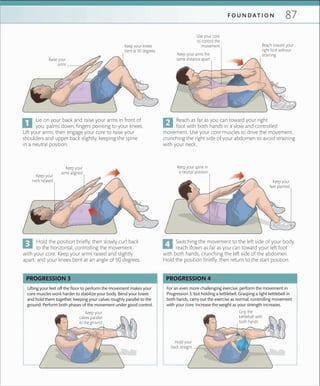 87F O U N D A T I O N
Reach as far as you can toward your right
foot with both hands in a slow and controlled
movement. Use your core muscles to drive the movement,
crunching the right side of your abdomen to avoid straining
with your neck.
Switching the movement to the left side of your body,
reach down as far as you can toward your left foot
with both hands, crunching the left side of the abdomen.
Hold the position briefly, then return to the start position.
Keep your
neck relaxed
Reach toward your
right foot without
straining
Keep your spine in
a neutral position
Hold the position briefly, then slowly curl back
to the horizontal, controlling the movement
with your core. Keep your arms raised and slightly
apart, and your knees bent at an angle of 90 degrees.
Keep your
arms aligned
Lie on your back and raise your arms in front of
you, palms down, fingers pointing to your knees.
Lift your arms, then engage your core to raise your
shoulders and upper back slightly, keeping the spine
in a neutral position.
Keep your knees
bent at 90 degrees
Raise your
arms
Keep your
calves parallel
to the ground
Lifting your feet off the ﬂoor to perform the movement makes your
core muscles work harder to stabilize your body. Bend your knees
and hold them together, keeping your calves roughly parallel to the
ground. Perform both phases of the movement under good control.
PROGRESSION 3
For an even more challenging exercise, perform the movement in
Progression 3, but holding a kettlebell. Grasping a light kettlebell in
both hands, carry out the exercise as normal, controlling movement
with your core. Increase the weight as your strength increases.
PROGRESSION 4
Grip the
kettlebell with
both hands
Keep your
feet planted
Hold your
back straight
Keep your arms the
same distance apart
Use your core
to control the
movement
 
