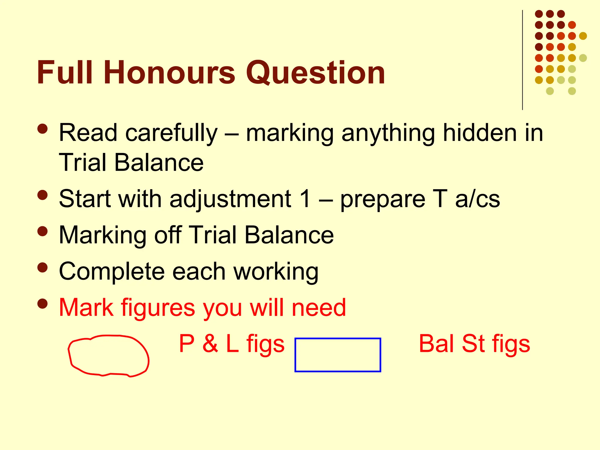 Full Honours Question
 Read carefully – marking anything hidden in
Trial Balance
 Start with adjustment 1 – prepare T a/cs
 Marking off Trial Balance
 Complete each working
 Mark figures you will need
P & L figs Bal St figs
 