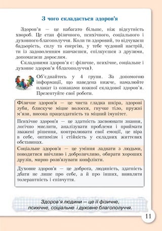 З чого складається здоров’я
Здоров’я — це набагато більше, ніж відсутність
хвороб. Це стан фізичного, психічного, соціального і
духовного благополуччя. Коли ти здоровий, то відчуваєш
бадьорість, силу та енергію, у тебе чудовий настрій,
ти із задоволенням навчаєшся, спілкуєшся з друзями,
допомагаєш дорослим.
Складовими здоров’я є: фізичне, психічне, соціальне і
духовне здоров’я (благополуччя).
£ ^ Об’єднайтесь у 4 групи. За допомогою
інформації, що наведена нижче, намалюйте
' плакат із ознаками кожної складової здоров’я.
Презентуйте свої роботи.
Г ------------- ---------- ---------=— "ч
Фізичне здоров’я — це чиста гладка шкіра, здорові
зуби, блискуче міцне волосся, гнучке тіло, пружні
м’язи, висока працездатність та міцний імунітет.
Психічне здоров’я — це здатність засвоювати знання,
логічно мислити, аналізувати проблеми і приймати
зважені рішення, контролювати свої емоції, це віра
в себе, оптимізм і стійкість у складних життєвих
обставинах.
Соціальне здоров’я — це уміння ладнати з людьми,
поводитися ввічливо і доброзичливо, обирати хороших
друзів, мирно розв’язувати конфлікти.
Духовне здоров’я — це доброта, людяність, здатність
дбати не лише про себе, а й про інших, виявляти
толерантність і співчуття.
Здоров ’я людини — це її фізичне,
психічне, соціальне і духовне благополуччя.
 