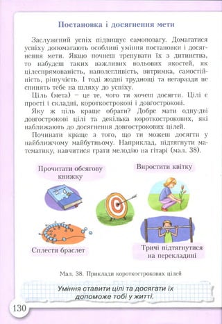 Постановка і досягнення мети
Заслужений успіх підвищує самоповагу. Домагатися
успіху допомагають особливі уміння постановки і досяг­
нення мети. Якщо почнеш тренувати їх з дитинства,
то набудеш таких важливих вольових якостей, як
цілеспрямованість, наполегливість, витримка, самостій­
ність, рішучість. І тоді жодні труднощі та негаразди не
спинять тебе на шляху до успіху.
Ціль (мета) - це те, чого ти хочеш досягти. Цілі є
прості і складні, короткострокові і довгострокові.
Яку ж ціль краще обрати? Добре мати одну-дві
довгострокові цілі та декілька короткострокових, які
наближають до досягнення довгострокових цілей.
Починати краще з того, що ти можеш досягти у
найближчому майбутньому. Наприклад, підтягнути ма­
тематику, навчитися грати мелодію на гітарі (мал. 38).
Прочитати обсягову Виростити квітку
Сплести браслет Тричі підтягнутися
на перекладині
Мал. 38. Приклади короткострокових цілей
Уміння ставити цілі та досягати їх
допоможе тобі у житті.
 