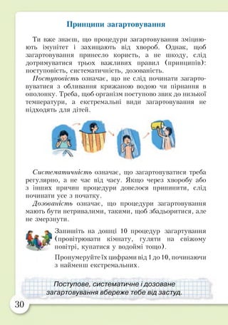 Принципи загартовування
Ти вже знаєш, що процедури загартовування зміцню­
ють імунітет і захищають від хвороб. Однак, щоб
загартовування принесло користь, а не шкоду, слід
дотримуватися трьох важливих правил (принципів):
поступовість, систематичність, дозованість.
Поступовість означає, що не слід починати загарто­
вуватися з обливання крижаною водою чи пірнання в
ополонку. Треба, щоб організм поступово звик до низької
температури, а екстремальні види загартовування не
підходять для дітей.
Систематичність означає, що загартовуватися треба
регулярно, а не час від часу. Якщо через хворобу або
з інших причин процедури довелося припинити, слід
починати усе з початку.
Дозованість означає, що процедури загартовування
мають бути нетривалими, такими, щоб збадьоритися, але
не змерзнути.
Запишіть на дошці 10 процедур загартування
(провітрювати кімнату, гуляти на свіжому
повітрі, купатися у водоймі тощо).
Пронумеруйте їх цифрами від 1до 10, починаючи
з найменш екстремальних.
Поступове, систематичне і дозоване
загартовування вбереже тебе від застуд ■
ЗО
 