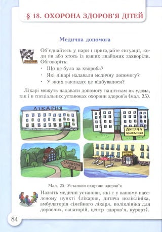 § 18. О Х О РО Н А З Д О Р О В ’Я ДІТЕЙ
Медична допомога
Об’єднайтесь у пари і пригадайте ситуації, ко­
ли ви або хтось із ваших знайомих захворіли.
Обговоріть:
• Що це була за хвороба?
• Які лікарі надавали медичну допомогу?
• У яких закладах це відбувалося?
Лікарі можуть надавати допомогу пацієнтам як удома,
так і в спеціальних установах охорони здоров’я (мал. 25).
о 4 0 0
□ 4 □ □
о 1 0 0
□ О1а о
ГГ!
ООО
о а а
0 0 0
п ПІ п,
1ДИТЯЧА
ІПОМКЛІНІКАІ
Мал. 25. Установи охорони здоров’я
Назвіть медичні установи, які є у вашому насе­
леному пункті (лікарня, дитяча поліклініка,
амбулаторія сімейного лікаря, поліклініка для
дорослих, санаторій, центр здоров’я, курорт).
 