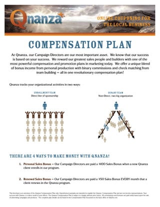 online couponing for
                                                                                                                          the local business



                         Compensation Plan
At Qnanza, our Campaign Directors are our most important asset. We know that our success
 is based on your success. We reward our greatest sales people and builders with one of the
most powerful compensation and promotion plans in marketing today. We offer a unique blend
of bonus income from personal production with binary commissions and check matching from
                 team building – all in one revolutionary compensation plan!


Qnanza tracks your organizational activities in two ways:

                                Enrollment Team                                                                                   Binary Team
                             Direct line of sponsorship                                                                   Non-Direct, two leg organization




There are 4 ways to make money with Qnanza!
            1 Personal Sales Bonus – Our Campaign Directors are paid a $ 00 Sales Bonus when a new Qnanza
             .                                                          1
               client enrolls in our program.


            2. Renewal Sales Bonus – Our Campaign Directors are paid a $50 Sales Bonus EVERY month that a
               client renews in the Qnanza program.


This brochure is an overview of the Qnanza Compensation Plan only. Hypothetical examples are intended to explain the Qnanza Compensation Plan and are not income representations. Your
success with Qnanza is a direct result of your efforts. The Qnanza Compensation Plan is subject to change without prior notice. All commissions and bonuses are paid solely based upon the sale
of advertising campaigns and products. The complete plan details can be found in the Compensation Plan Document in the back office of AdzZoo.net.
 