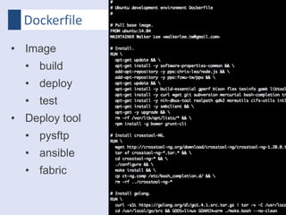 Dockerfile
• Image
• build
• deploy
• test
• Deploy tool
• pysftp
• ansible
• fabric
 