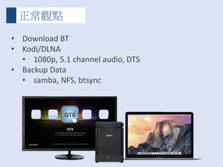 正常觀點
• Download BT
• Kodi/DLNA
• 1080p, 5.1 channel audio, DTS
• Backup Data
• samba, NFS, btsync
 