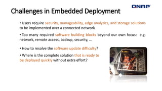 • Users require security, manageability, edge analytics, and storage solutions
to be implemented over a connected network
• Too many required software building blocks beyond our own focus: e.g.
network, remote access, backup, security, …
• How to resolve the software update difficulty?
• Where is the complete solution that is ready to
be deployed quickly without extra effort?
Challenges in Embedded Deployment
 