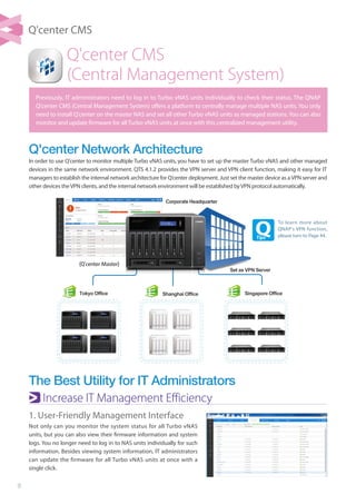 9
Q'center CMS
(Central Management System)
Increase IT Management Efficiency
1. User-Friendly Management Interface
Not only can you monitor the system status for all Turbo vNAS
units, but you can also view their firmware information and system
logs. You no longer need to log in to NAS units individually for such
information. Besides viewing system information, IT administrators
can update the firmware for all Turbo vNAS units at once with a
single click.
Corporate Headquarter
(Q’center Master)
Tokyo Office Shanghai Office Singapore Office
Set as VPN Server
The Best Utility for IT Administrators
Previously, IT administrators need to log in to Turbo vNAS units individually to check their status. The QNAP
Q'center CMS (Central Management System) offers a platform to centrally manage multiple NAS units. You only
need to install Q'center on the master NAS and set all other Turbo vNAS units as managed stations. You can also
monitor and update firmware for all Turbo vNAS units at once with this centralized management utility.
To learn more about
QNAP's VPN function,
please turn to Page 44.
Q'center Network Architecture
In order to use Q'center to monitor multiple Turbo vNAS units, you have to set up the master Turbo vNAS and other managed
devices in the same network environment. QTS 4.1.2 provides the VPN server and VPN client function, making it easy for IT
managers to establish the internal network architecture for Q’center deployment. Just set the master device as aVPN server and
other devices theVPN clients, and the internal network environment will be established byVPN protocol automatically.
Q'center CMS
 