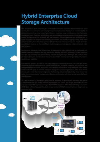 Hybrid Enterprise Cloud
Storage Architecture
With the advent of cloud computing, it is inevitable for enterprises to increase their investments in cloud
services. However, enterprises are reducing IT expenses to maximize the return on investment (ROI). In
addition to controlling rising costs, IT administrators must take many considerations when facilitating
cloud environment. They need to incorporate new technology into existing systems without impacting the
stability and performance of the system and user experience. Studies have shown that businesses opt for
hybrid clouds that can integrate with an existing environment and adapt to changing business needs at the
same time. In fact, more than three-quarters (76%) of IT decision makers, business users and cloud vendors
expect hybrid clouds to be the core of their cloud strategies, overtaking public and private clouds in the
next five years.
As enterprises migrate to cloud infrastructure for better agility and scalability, they are confronted with
several challenges. Complying with high standards of evolving regulations, providing sufficient computing
resources and controlling long-term operating costs are among the major challenges. This is why so many
private cloud solution providers build their products with the provision of interoperability, virtualization
capability, and scalability.
Interoperable solutions provided by the edge cloud devices that sit in between the public and private
clouds can be leveraged to provide connectivity and data exchange capability with resources and
management services running in the public cloud. As many organizations adopt the hybrid cloud storage
architecture that spans on-premises enterprise storage and cloud storage services, edge cloud devices
will play a key role in the deployment process. The following picture depicts that edge cloud devices help
realize the communication of management and resources information with cloud services across the hybrid
cloud boundary.
2015 will see a trend of deploying a hybrid cloud in businesses to optimize daily operations. We noticed
a gap between high-end storage solutions designed for data centers and budget versions for the same
purpose,”said David Tsao, product manager of QNAP.“With the release of the TVS-ECx80+ Edge Cloud Turbo
vNAS, QNAP is filling the gap with a cloud storage solution with high-standard hardware designs and an
economical price.
Public
Cloud
Private
Cloud
10GbE
Turbo vNAS
TVS-EC1080+
 
