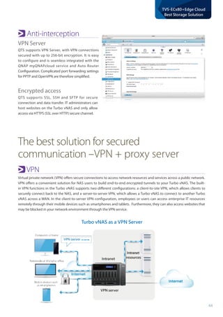 44
TVS-ECx80+Edge Cloud
Best Storage Solution
VPN
Virtual private network (VPN) offers secure connections to access network resources and services across a public network.
VPN offers a convenient solution for NAS users to build end-to-end encrypted tunnels to your Turbo vNAS. The built-
in VPN functions in the Turbo vNAS supports two different configurations: a client-to-site VPN, which allows clients to
securely connect back to the NAS, and a server-to-server VPN, which allows a Turbo vNAS to connect to another Turbo
vNAS across a WAN. In the client-to-server VPN configuration, employees or users can access enterprise IT resources
remotely through their mobile devices such as smartphones and tablets. Furthermore, they can also access websites that
may be blocked in your network environment through the VPN service.
Anti-interception
VPN Server
QTS supports VPN Server, with VPN connections
secured with up to 256-bit encryption. It is easy
to configure and is seamless integrated with the
QNAP myQNAPcloud service and Auto Router
Configuration. Complicated port forwarding settings
for PPTP and OpenVPN are therefore simplified.
Encrypted access
QTS supports SSL, SSH and SFTP for secure
connection and data transfer. IT administrators can
host websites on the Turbo vNAS and only allow
access via HTTPS (SSL over HTTP) secure channel.
Turbo vNAS as a VPN Server
The best solution for secured
communication –VPN + proxy server
 