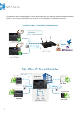 45
Turbo vNAS As a VPN Client for File Download
Turbo vNAS as a VPN Client for Off-site Backup
In the server-to-server VPN configuration, VPN can better protect your data when you use services like BitTorrent and
eMule). By using this type of configuration, you can set up remote site backup with secure data transmission.
QTS 4.1.2 OS
 