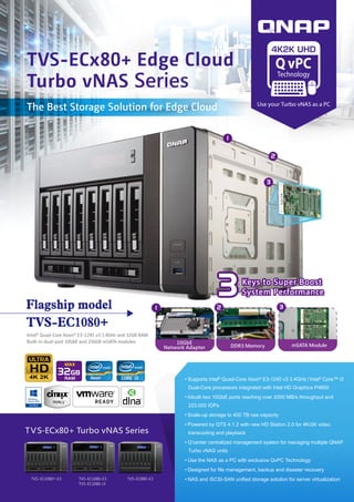 • Supports Intel®
Quad-Core Xeon®
E3-1245 v3 3.4GHz / Intel®
Core™ i3
Dual-Core processors integrated with Intel HD Graphics P4600
• Inbuilt two 10GbE ports reaching over 2000 MB/s throughput and
223,000 IOPs
• Scale-up storage to 400 TB raw capacity
• Powered by QTS 4.1.2 with new HD Station 2.0 for 4K/2K video
transcoding and playback
• Q’center centralized management system for managing multiple QNAP
Turbo vNAS units
• Use the NAS as a PC with exclusive QvPC Technology
• Designed for file management, backup and disaster recovery
• NAS and iSCSI-SAN unified storage solution for server virtualization
32GB
RAM
MAX
4K 2K
2
3
1
TVS-EC1080+-E3 TVS-EC1080-E3
TVS-EC1080-i3
TVS-EC880-E3
TＶS-ECx80+ Turbo vNAS Series
Flagship model
TVS-EC1080+
Intel® Quad-Core Xeon® E3-1245 v3 3.4GHz and 32GB RAM
Built-in dual-port 10GbE and 256GB mSATA modules
Keys to Super Boost
System Performance
Keys to Super Boost
System Performance
The Best Storage Solution for Edge Cloud
TVS-ECx80+ Edge Cloud
Turbo vNAS Series
3331
10GbE
Network Adapter
3
mSATA Module
2
DDR3 Memory
Use your Turbo vNAS as a PC
 