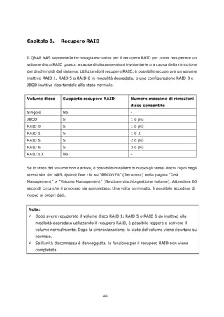 Capitolo 8.        Recupero RAID


Il QNAP NAS supporta la tecnologia esclusiva per il recupero RAID per poter recuperare un
volume disco RAID guasto a causa di disconnessioni involontarie o a causa della rimozione
dei dischi rigidi dal sistema. Utilizzando il recupero RAID, è possibile recuperare un volume
inattivo RAID 1, RAID 5 o RAID 6 in modalità degradata, o una configurazione RAID 0 e
JBOD inattive riportandole allo stato normale.


Volume disco        Supporta recupero RAID                  Numero massimo di rimozioni
                                                            disco consentite
Singolo             No                                      -
JBOD                Sì                                      1 o più
RAID 0              Sì                                      1 o più
RAID 1              Sì                                      1o2
RAID 5              Sì                                      2 o più
RAID 6              Sì                                      3 o più
RAID 10             No                                      -


Se lo stato del volume non è attivo, è possibile installare di nuovo gli stessi dischi rigidi negli
stessi slot del NAS. Quindi fare clic su “RECOVER” (Recupera) nella pagina “Disk
Management” > “Volume Management” (Gestione dischi>gestione volume). Attendere 60
secondi circa che il processo sia completato. Una volta terminato, è possibile accedere di
nuovo ai propri dati.


Nota:
   Dopo avere recuperato il volume disco RAID 1, RAID 5 o RAID 6 da inattivo alla
    modlaità degradata utilizzando il recupero RAID, è possibile leggere o scrivere il
    volume normalmente. Dopo la sincronizzazione, lo stato del volume viene riportato su
    normale.
   Se l’unità disconnessa è danneggiata, la funzione per il recupero RAID non viene
    completata.




                                            46
 