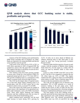 QNB Economics
                                                                                                                economics@qnb.com.qa

                                                                                                                         08 April 2012



   QNB analysis shows that GCC banking sector is stable,
   profitable and growing

           GCC Banking Sector Assets (2007-11)                                            Loan Penetration (2011)
                       (US$trn, growth rate shown)                                              (Loans as % of GDP)
                                                                               78%

                               7.5%                                                     67%
                                                     1.46                                        64%                             GCC
                                          1.38 3%           Oman                                          57%
                    1.29       1.31                  11% Kuwait                                                                        56%
                                                                                                                   47%
         1.09                                        13%    Qatar                                                         40%

                                                     13%    Bahrain


                                                     28% Saudi



                                                                               UAE    Bahrain   Qatar    Kuwait   Oman   Saudi
                                                     31%    UAE
                                                                      Source: GCC central banks and QNB Group analysis


         2007       2008       2009       2010       2011
Source: GCC central banks and QNB Group analysis



       Analysis of the GCC banking sector performed by                 22.3%. It looks set to move ahead of Bahrain (an
   QNB Group concludes that its prospects are stable,                  offshore financing hub) to take third place in the
   banks are expected to be remain profitable and that the             region by asset size, having previously overtaken
   sector itself has room for growth.                                  Kuwait in 2010.
       Total assets in the sector rose by 8.9% in 2011 to                  Domestic banks hold the majority of assets in each
   US$1.46trn, equivalent to 106% of regional GDP. By                  country, with the exception of Bahrain where foreign
   comparison, assets in the UK equal 341% of its GDP.                 banks hold 57%. For the region as a whole, 83% of
   This suggests that there is still plenty of room for GCC            assets are held by domestic banks in their home
   assets to grow in relative terms.                                   countries.
       GCC banking assets have been growing strongly                       Loans as a share of GDP in the GCC rose to 56%
   in recent years, except for a slow period in 2009, at a             in 2011, but this is low compared to countries like the
   compound annual growth rate of 7.5% from 2007-11.                   UK where loans are 153% of GDP. This largely
   This growth in banking assets is a consequence of the               explains the GCC’s fairly low share of overall banking
   region’s economic boom, driven by high oil prices.                  assets relative to GDP. There is therefore space for an
       The UAE has the largest share of regional assets,               increase in the loan penetration rates in the GCC.
   31% of the total. Saudi Arabia’s banking sector is in                   The UAE has the highest level of domestic loan
   second place, with 28% of GCC assets, but it is the                 penetration, 78% of GDP, primarily as a result of
   smallest in relative terms, at around 71% of GDP.                   extensive lending to the real estate sector. Saudi
       Part of the reason why Saudi assets are smaller in              Arabia has the lowest, at 40% of GDP, but this may
   relative terms is the importance of its specialized non-            increase when a long-awaited law reforming mortgage
   bank credit institutions, such as the Public Investment             financing is implemented and boosts access to credit.
   Fund. These fulfil typical financing and lending                        The asset quality of the GCC banking sector is
   functions and their combined assets that are close to               generally good and has been improving in those places
   half those of the formal Saudi banking sector.                      that experienced some credit problems following the
       Qatar’s banking sector, meanwhile, saw the most                 2008 financial crisis. The regional non-performing
   rapid increase in assets during 2011, growing by                    loan (NPL) ratio was 4.6%, at end-2010, the most
                                                                                                                                       1
 