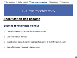 ANALYSE ET CONCEPTION
14
Introduction Cadre général Analyse et conception Réalisation Conclusion
Spécification des besoins
Besoins fonctionnels visiteur
o Consultation du cours des devises et du solde.
o Conversion des devises
o Localisation des différentes agences bancaires et distributeurs (DAB)
o Consultation de l’annuaire des agences
 