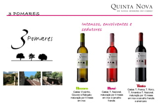 3 POMARES

                      Intensos, envolventes e
                      sedutores




                                                                     Tinto
                Branco                    Rosé              Castas: T. Franca, T. Roriz,
              Castas: Viosinho,      Castas: T. Nacional;   T. Amarela e T. Nacional;
             Gouveio e Rabigato;    maturação por 4 meses    maturação por 15 meses
            maturação por 4 meses    em inox e carvalho     em inox e carvalho francês
                  em inox                  francês                 e americano
 