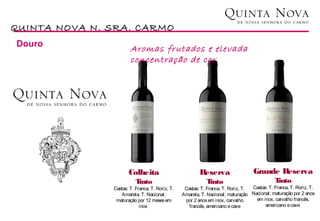QUINTA NOVA N. SRA. CARMO
                                                                                                     Vinhos
Douro
                       Aromas frutados e elevada
                       concentração de cor




                      Colheita                           Reserva                   Grande Reserva
                          Tinto                             Tinto                            Tinto
               Castas: T. Franca, T. Roriz, T.    Castas: T. Franca, T. Roriz, T. Castas: T. Franca, T. Roriz, T.
                  Amarela, T. Nacional;          Amarela, T. Nacional; maturação Nacional; maturação por 2 anos
                maturação por 12 meses em         por 2 anos em inox, carvalho     em inox, carvalho francês,
                            inox                    francês, americano e cave           americano e cave
 